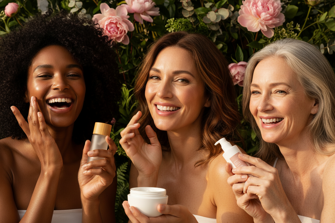 Three diverse women with glowing, dewy skin holding Pure Petal Glow clean botanical skincare products surrounded by blush florals and greenery