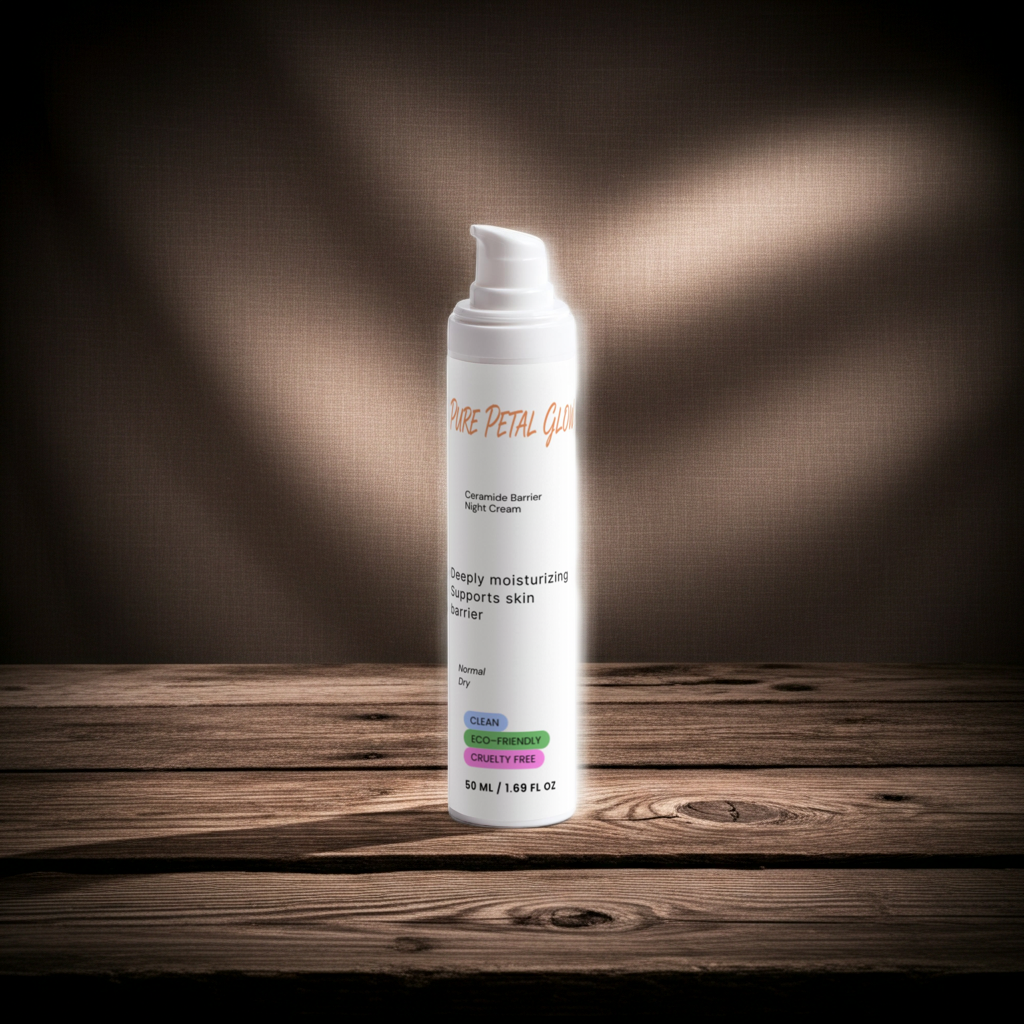 Pure Petal Glow Ceramide Barrier Night Cream with organic shea butter and hyaluronic acid. 