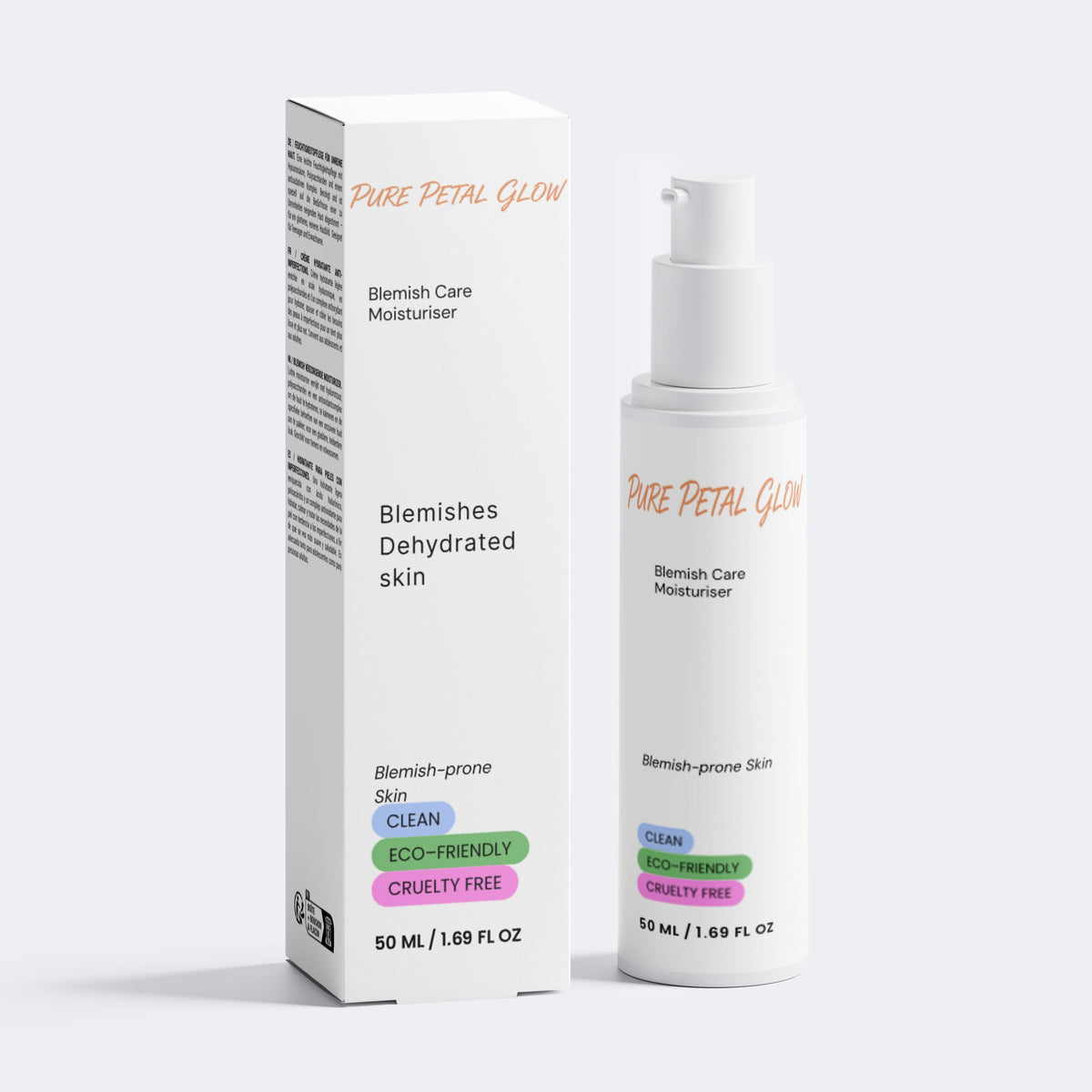 Pure Petal Glow Blemish Care Moisturizer bottle beside its box on a white background.