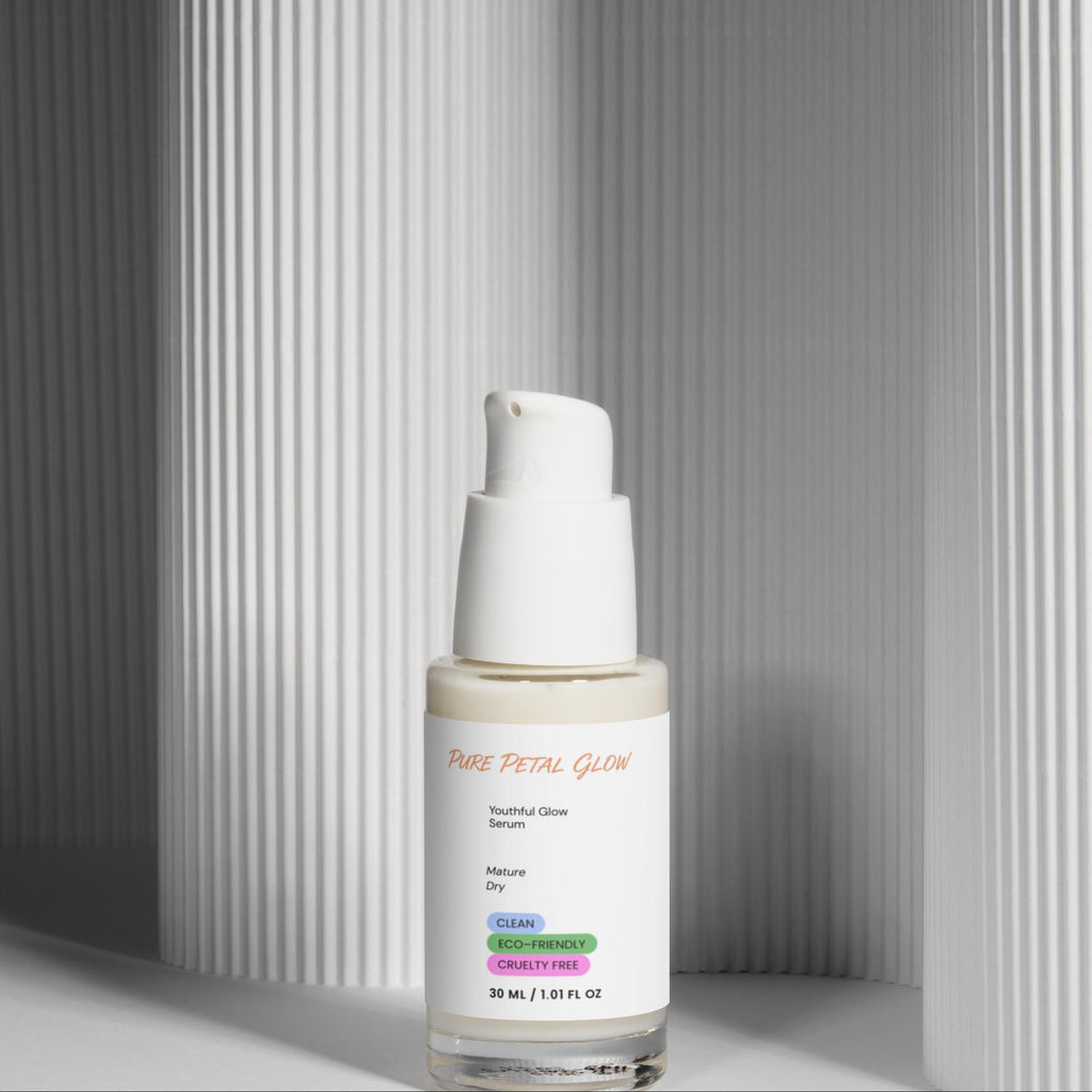 Youthful Glow Serum bottle on a gray background