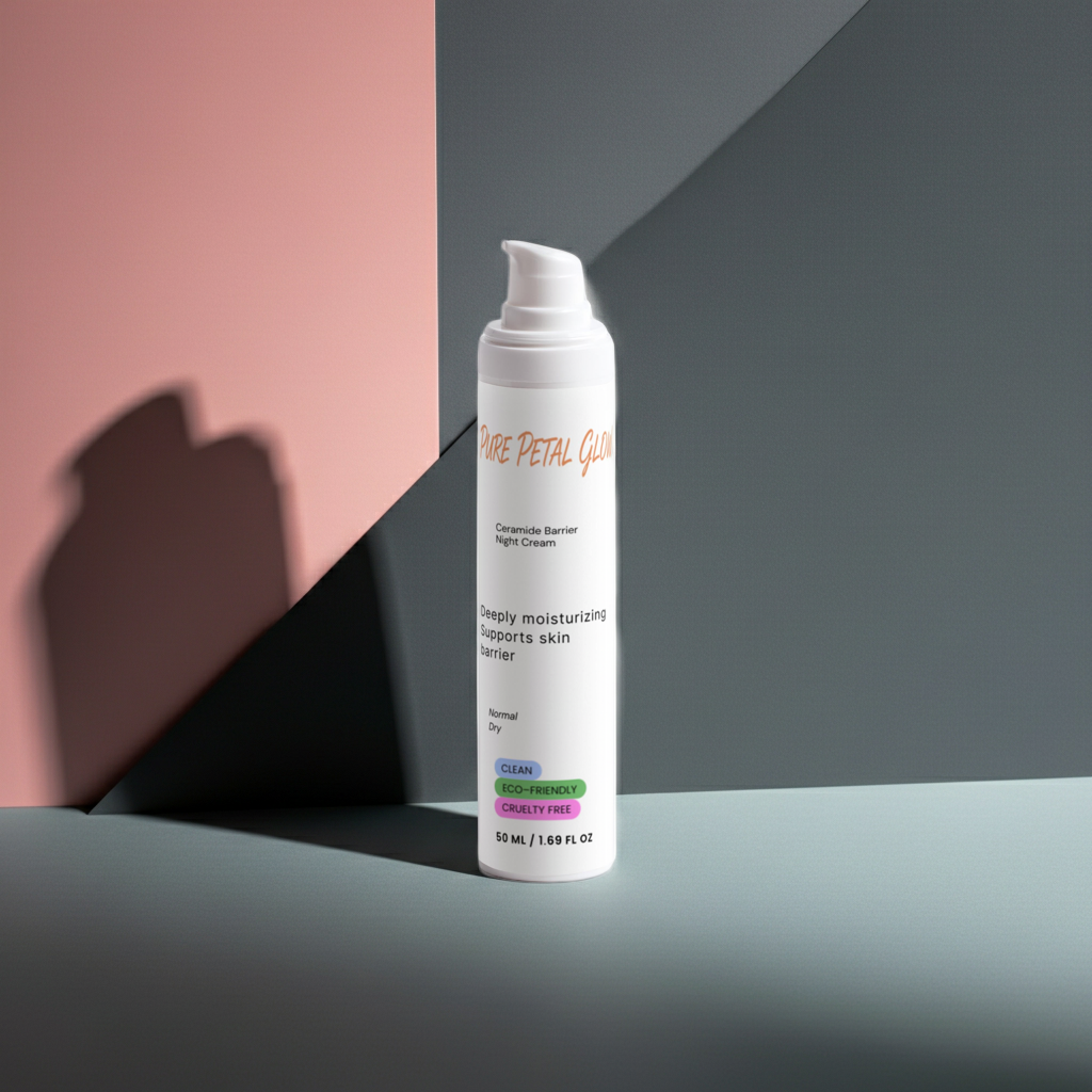Ceramide Barrier Night Cream bottle on a gray surface against a pink and gray background.