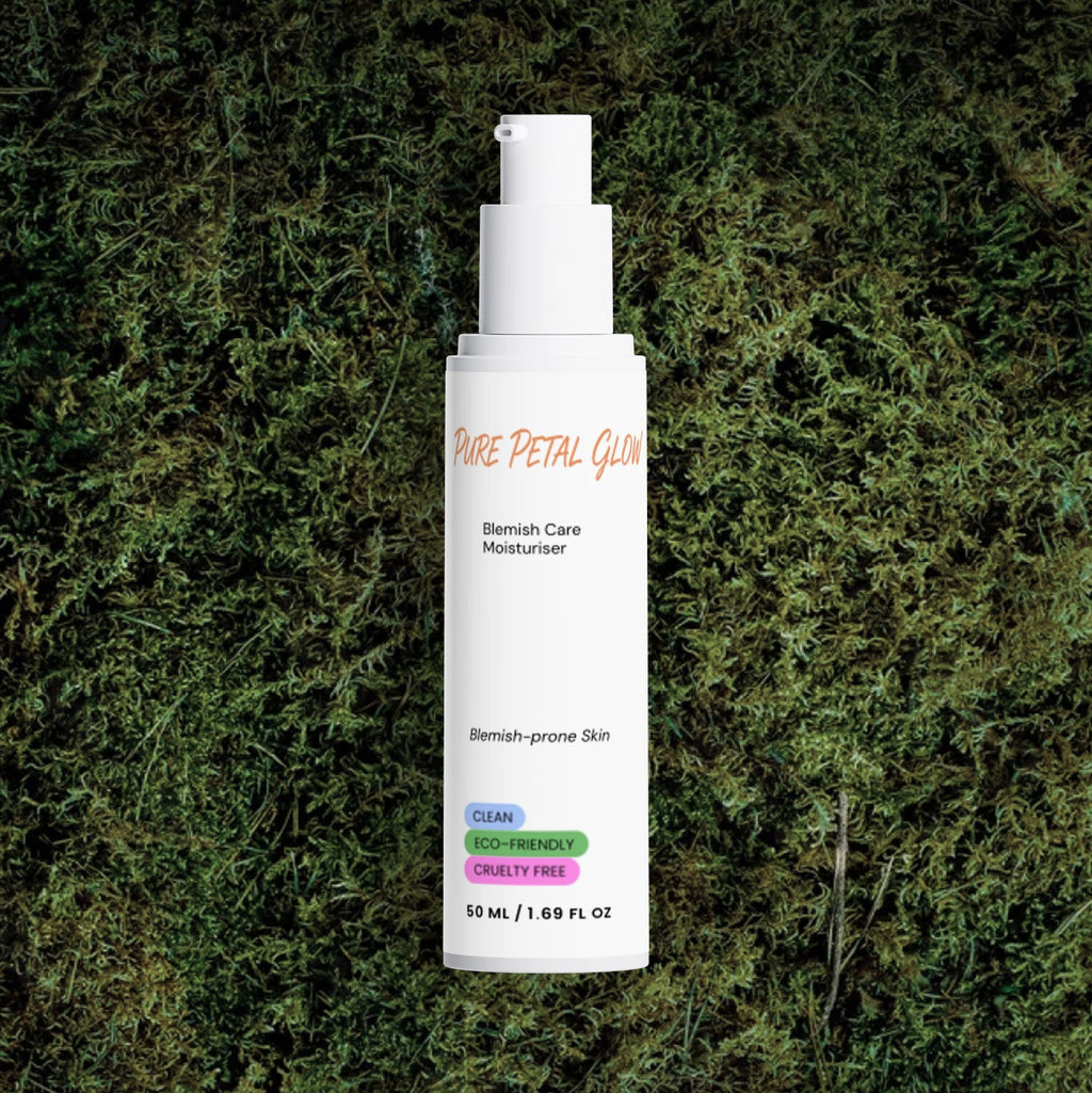 Pure Petal Glow Blemish Care Moisturizer bottle on a bed of green moss.