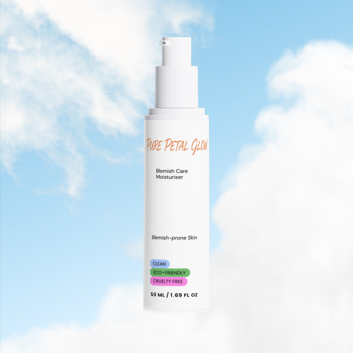 Pure Petal Glow Blemish Care Moisturizer bottle against a blue sky and white clouds.