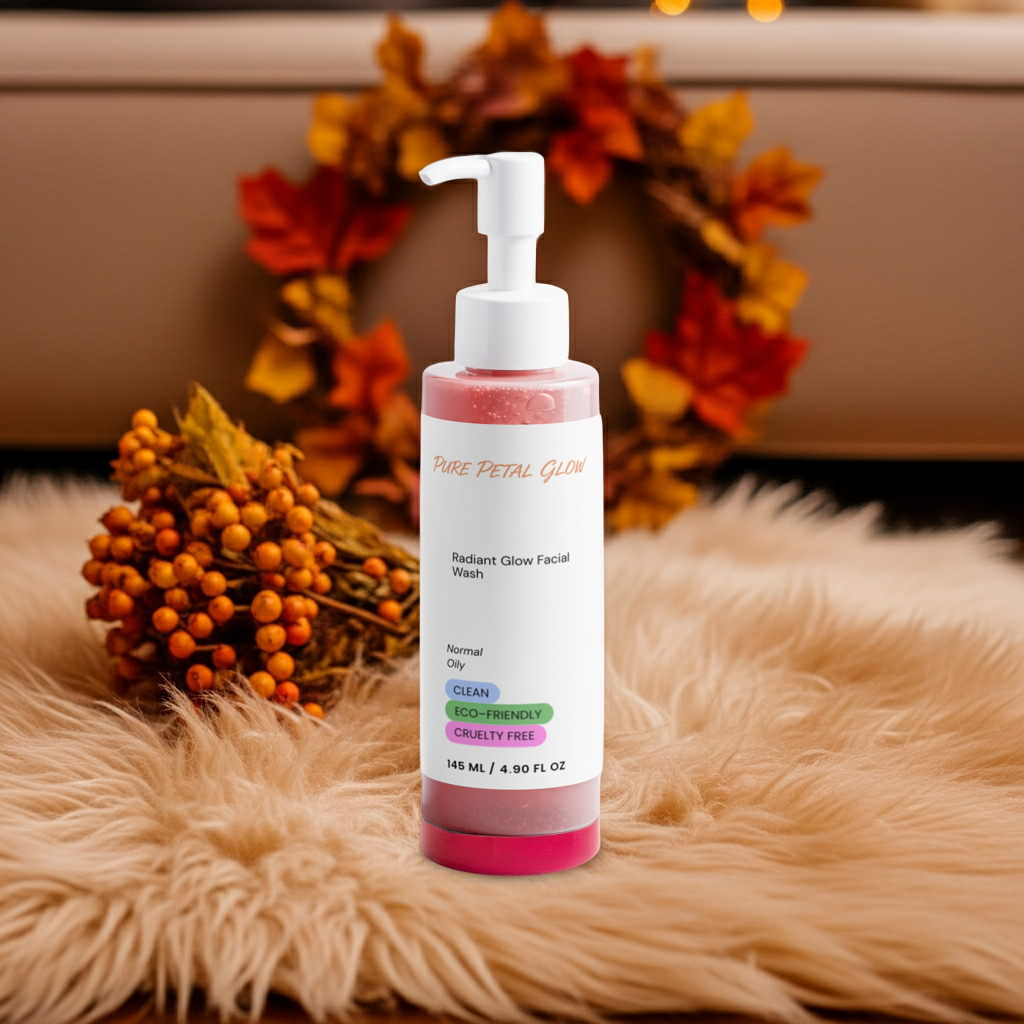 A bottle of Pure Petal Glow Radiant Glow Facial Wash with a white pump dispenser, placed on a beige faux fur rug next to a decorative berry sprig and an autumn leaf wreath in the background.
