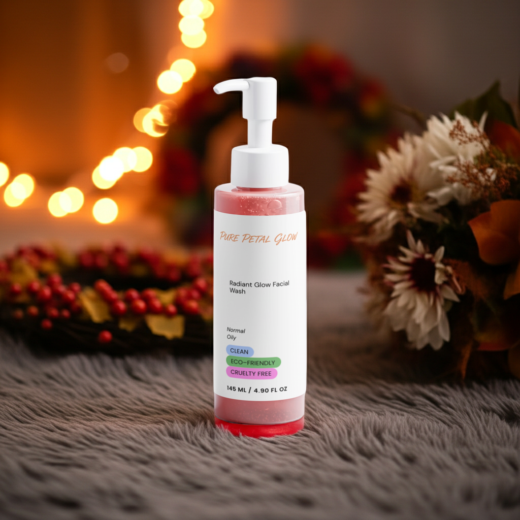 A bottle of Pure Petal Glow Radiant Glow Facial Wash with a white pump dispenser, set on a gray faux fur surface with a blurred background of warm fairy lights and flowers.