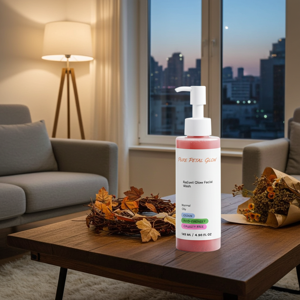 A bottle of Pure Petal Glow Radiant Glow Facial Wash stands on a wooden coffee table in a cozy living room setting. The pink liquid is visible through the clear bottle, and the label features a white background with orange and green text.
