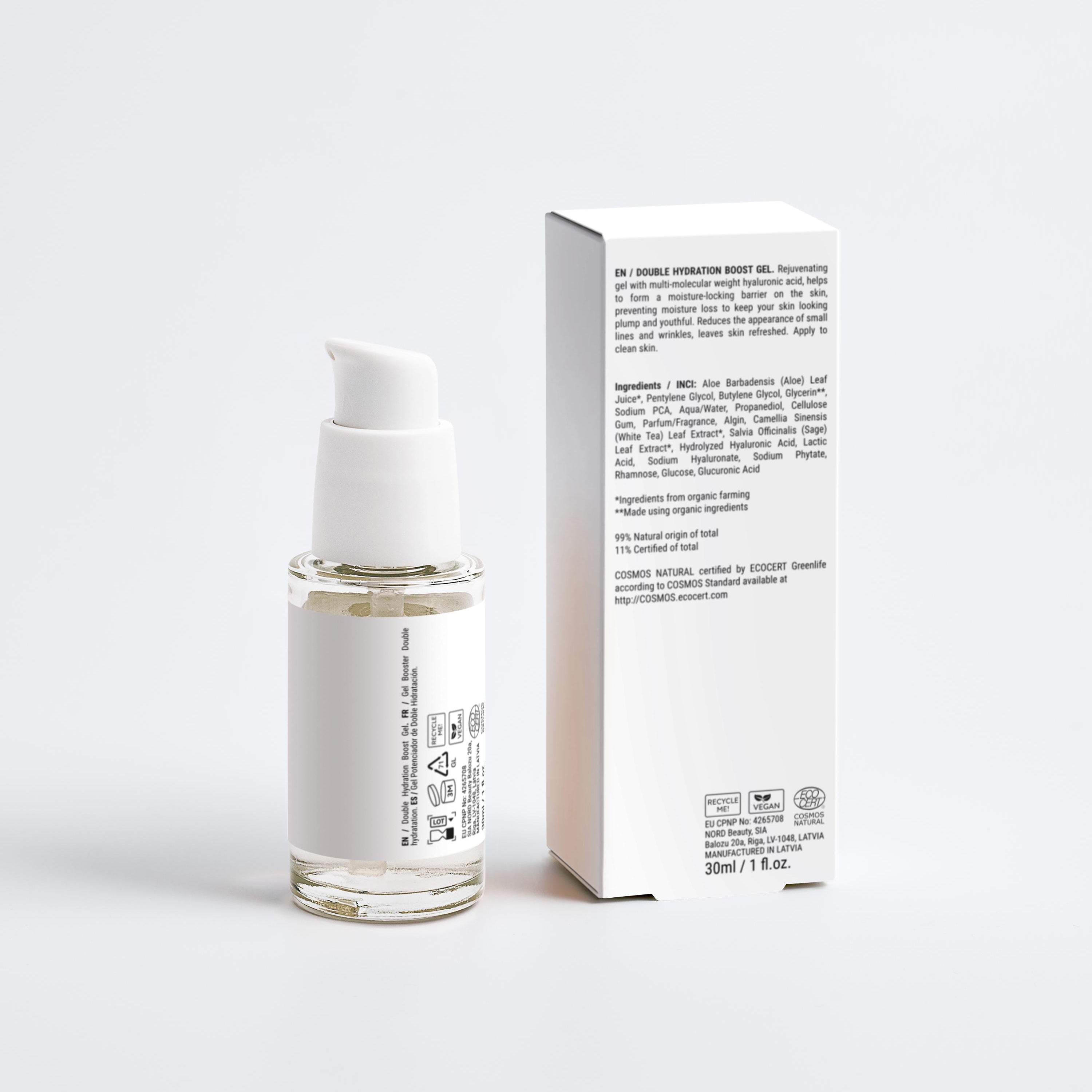 Double Hydration Boost Gel + HA serum bottle with pump and box on a white background