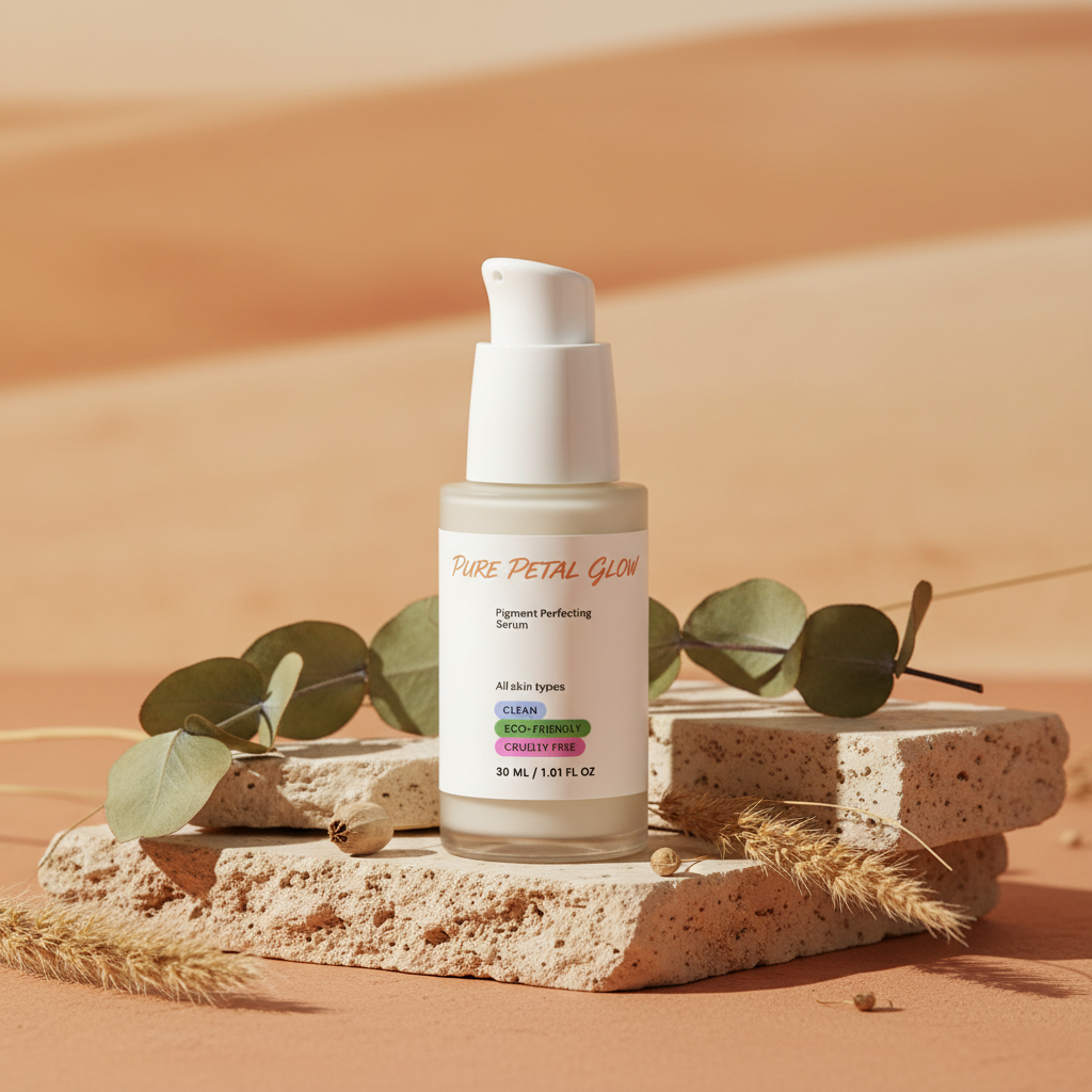 Pigment Perfecting Serum Skincare bottle labeled 'Pure Petal Glow' on a desert background with plants.