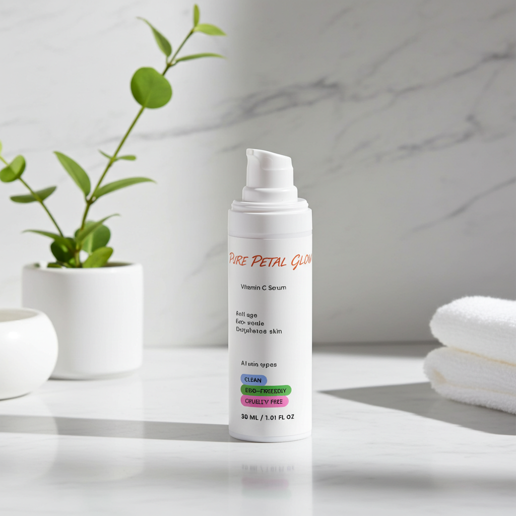 Vitamin C Serum bottle labeled 'Pure Petal Glow' on a marble surface with a plant and towels in the background.