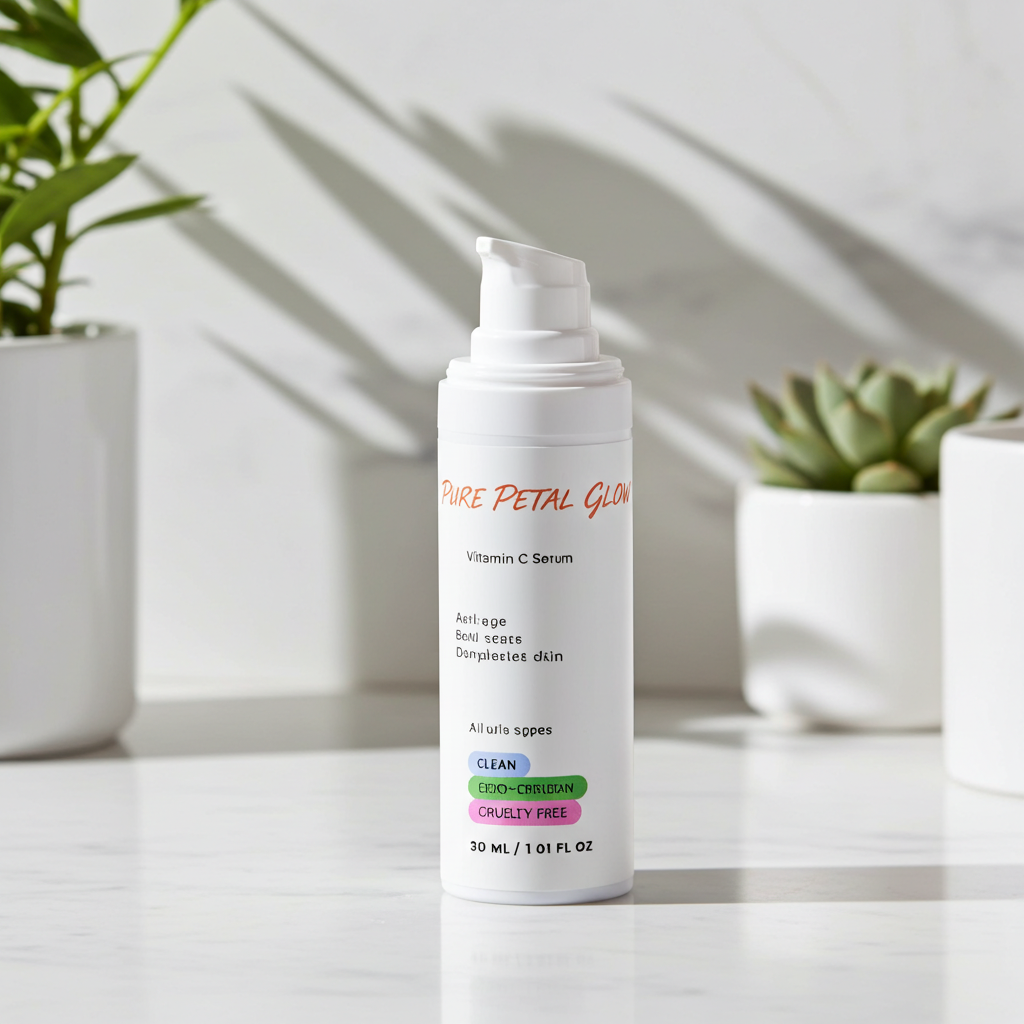 Vitamin C Serum bottle labeled 'Pure Petal Glow' on a light surface with plants in the background