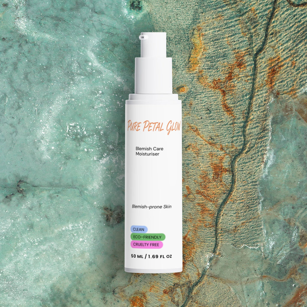 Pure Petal Glow Blemish Care Moisturizer bottle on a turquoise textured surface.