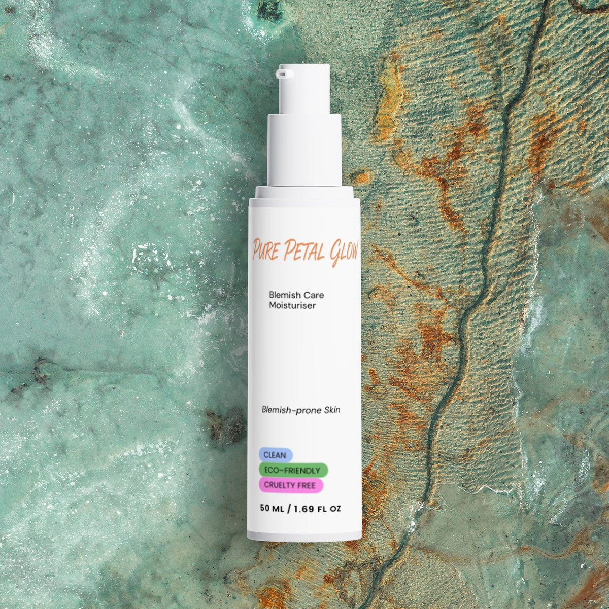 Pure Petal Glow Blemish Care Moisturizer bottle on a turquoise textured surface.