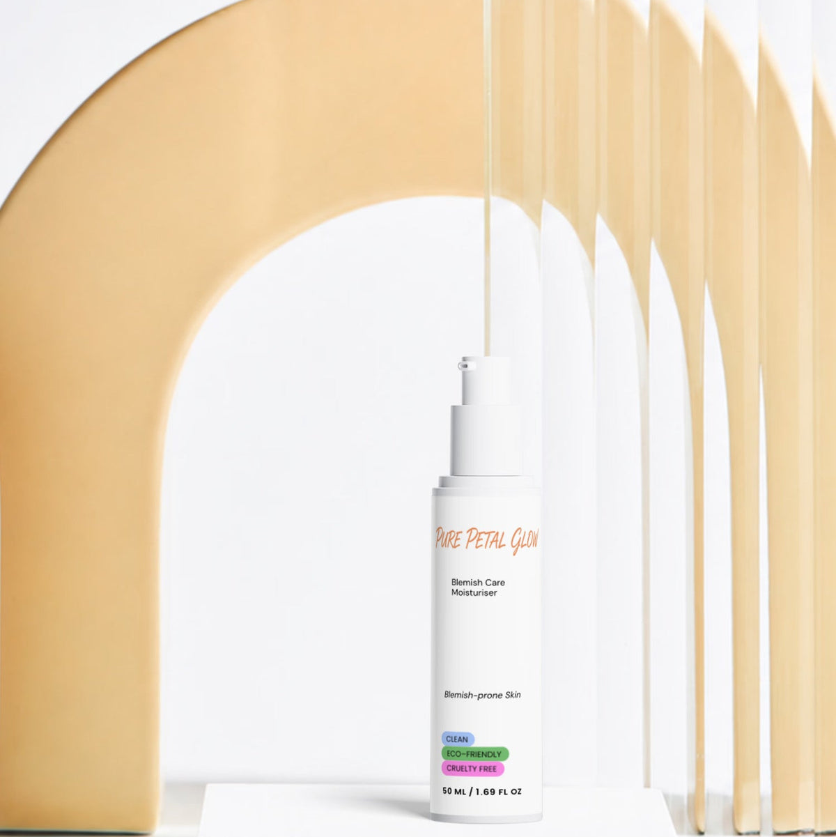 Pure Petal Glow Blemish Care Moisturizer bottle framed by cream arches and columns.