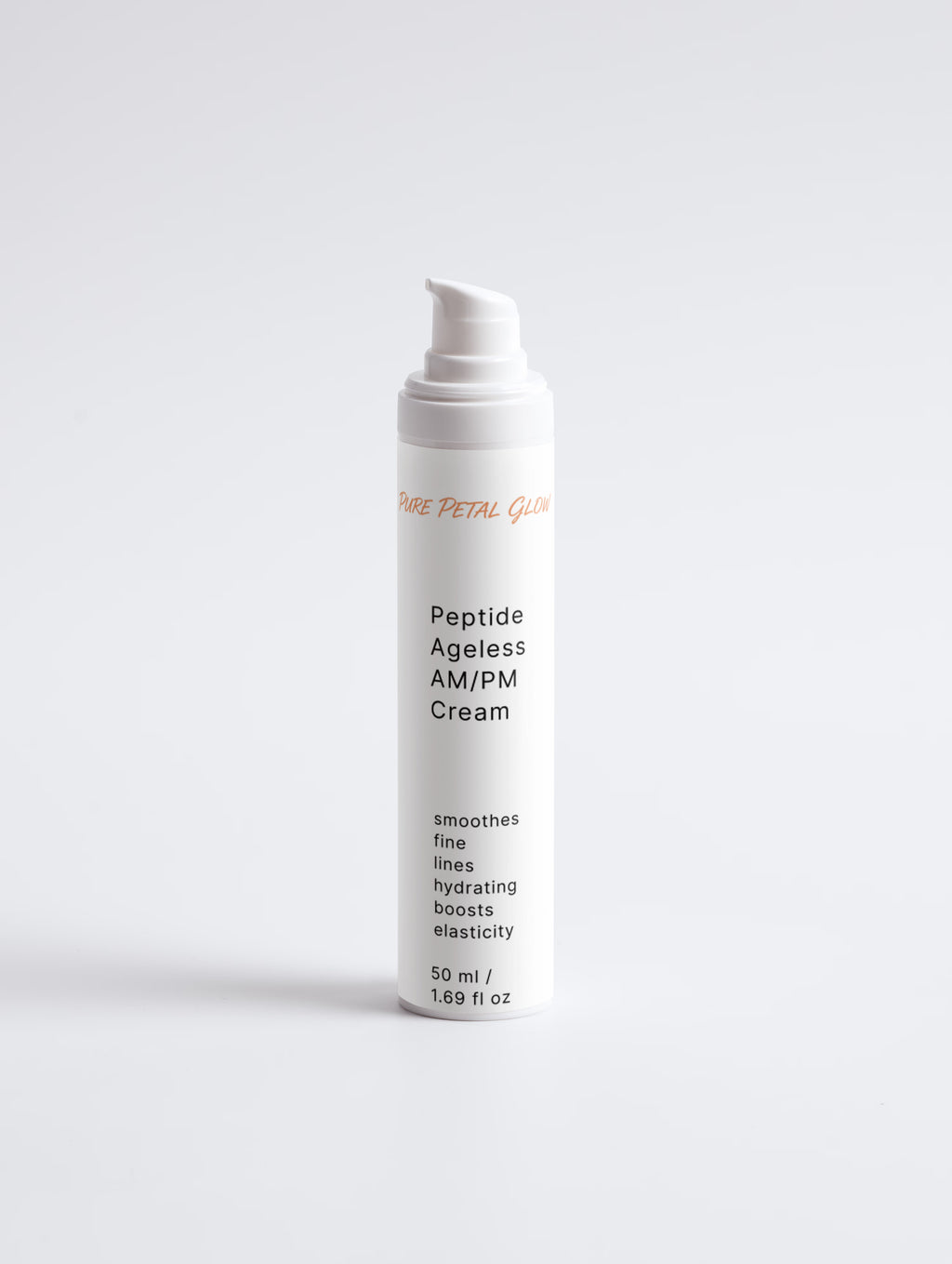 Skincare cream bottle labeled 'Peptides Ageless AM/PM Cream' on a white background