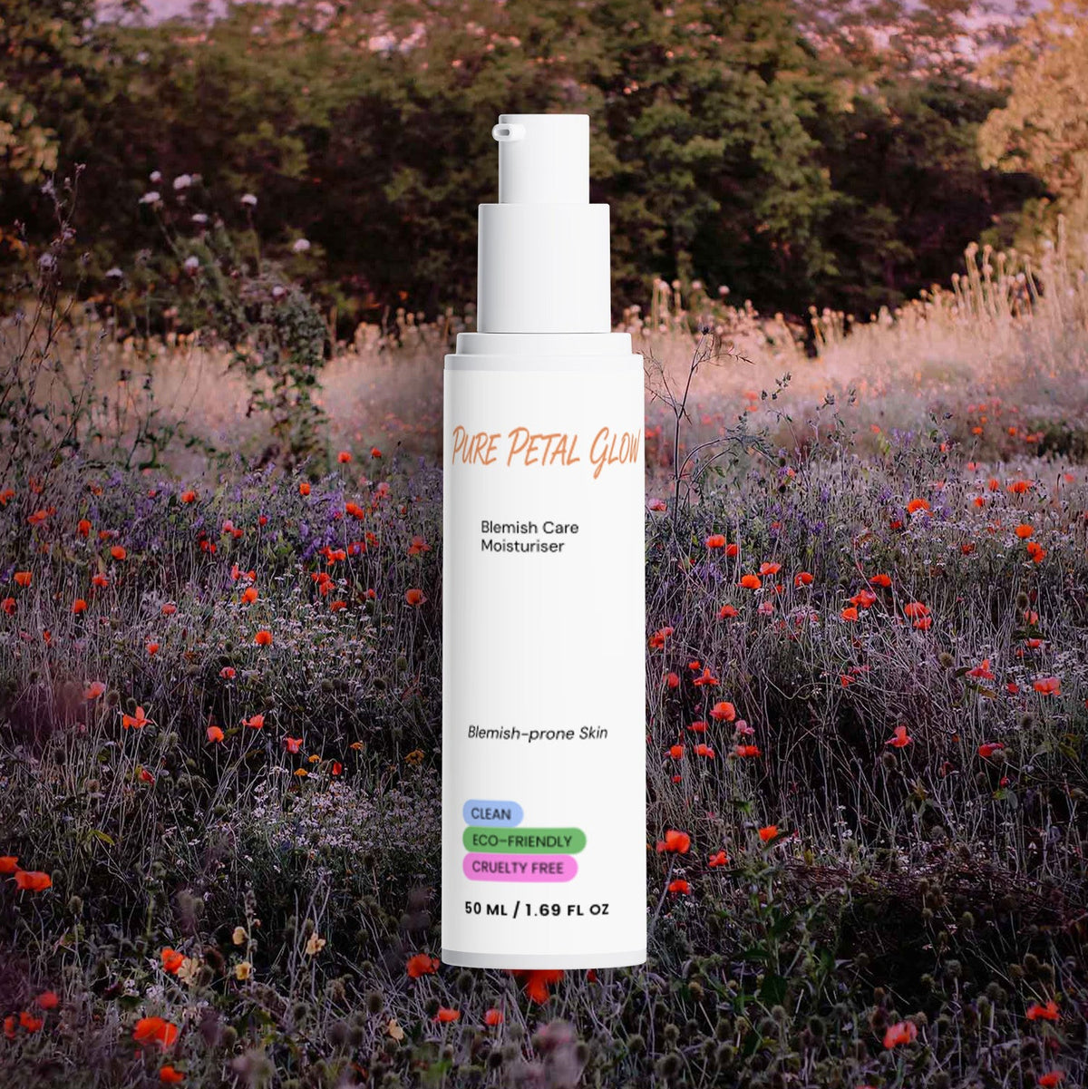 Pure Petal Glow Blemish Care Moisturizer bottle in a field of wildflowers at dusk.