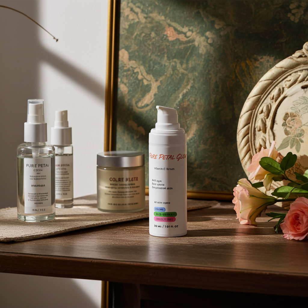 Vitamin C on a wooden table with a decorative background