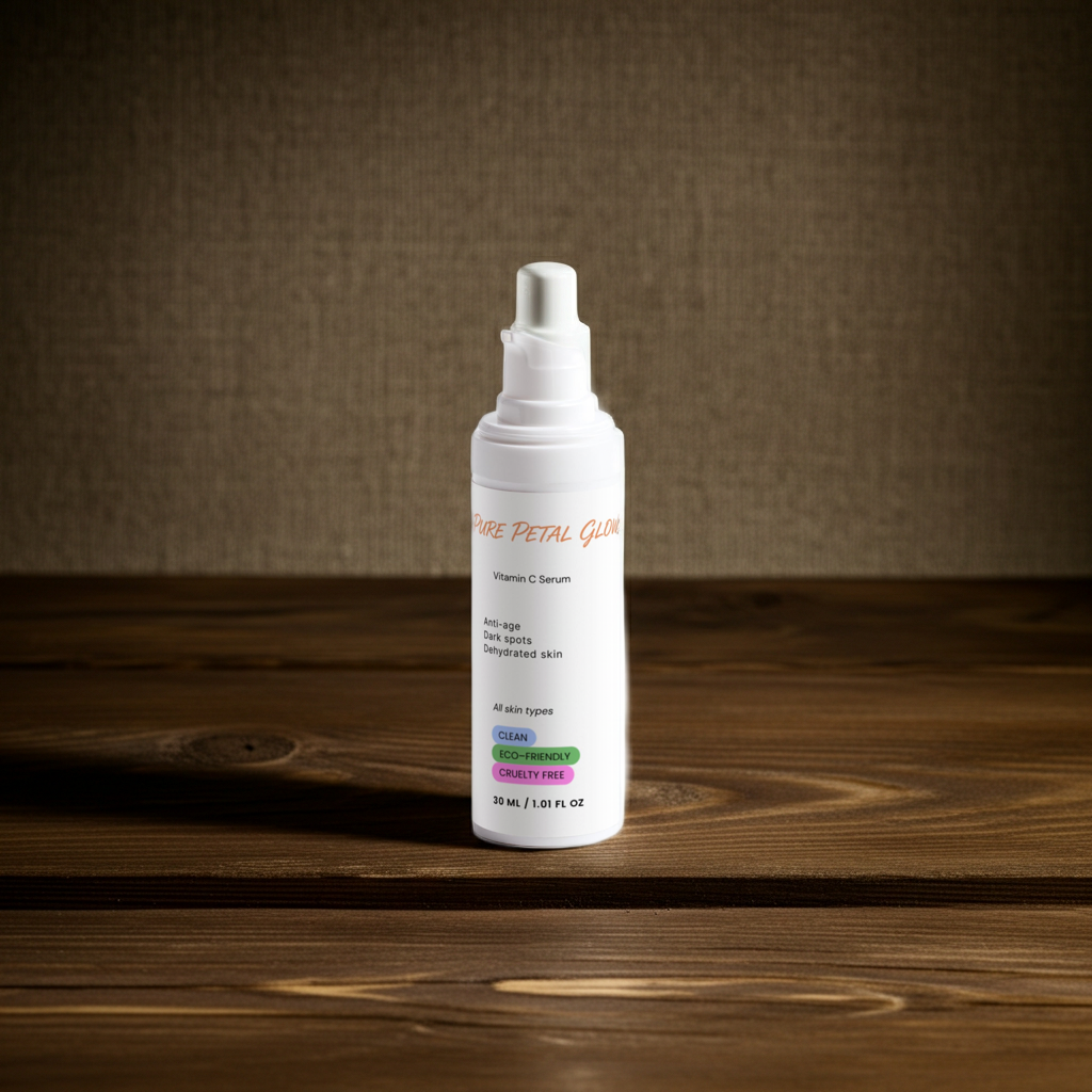 Vitamin C Serum spray bottle with text on a wooden surface and brown background