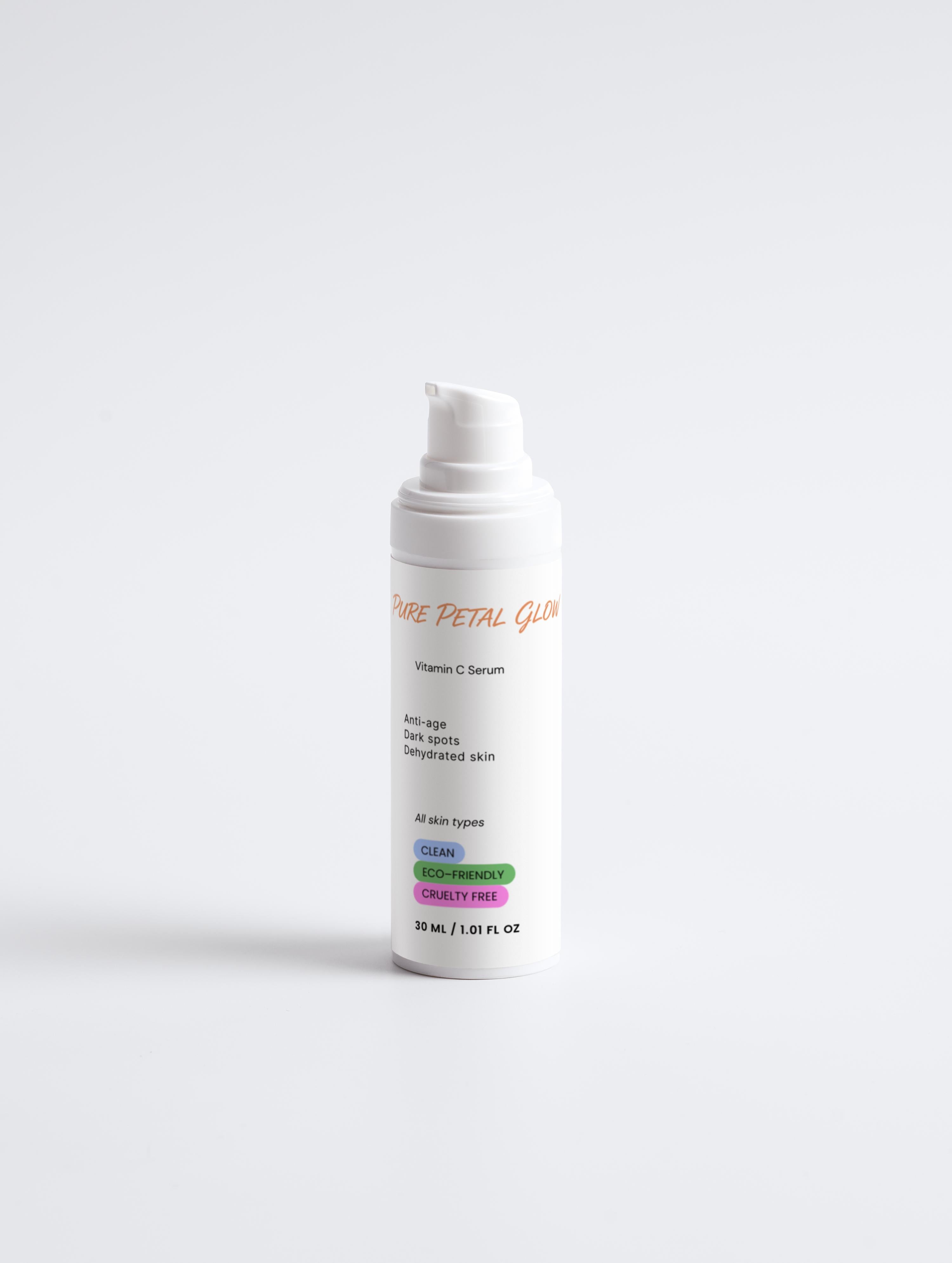 Pure Petal Glow Vitamin C Brightening Serum bottle with organic botanical ingredients on white background