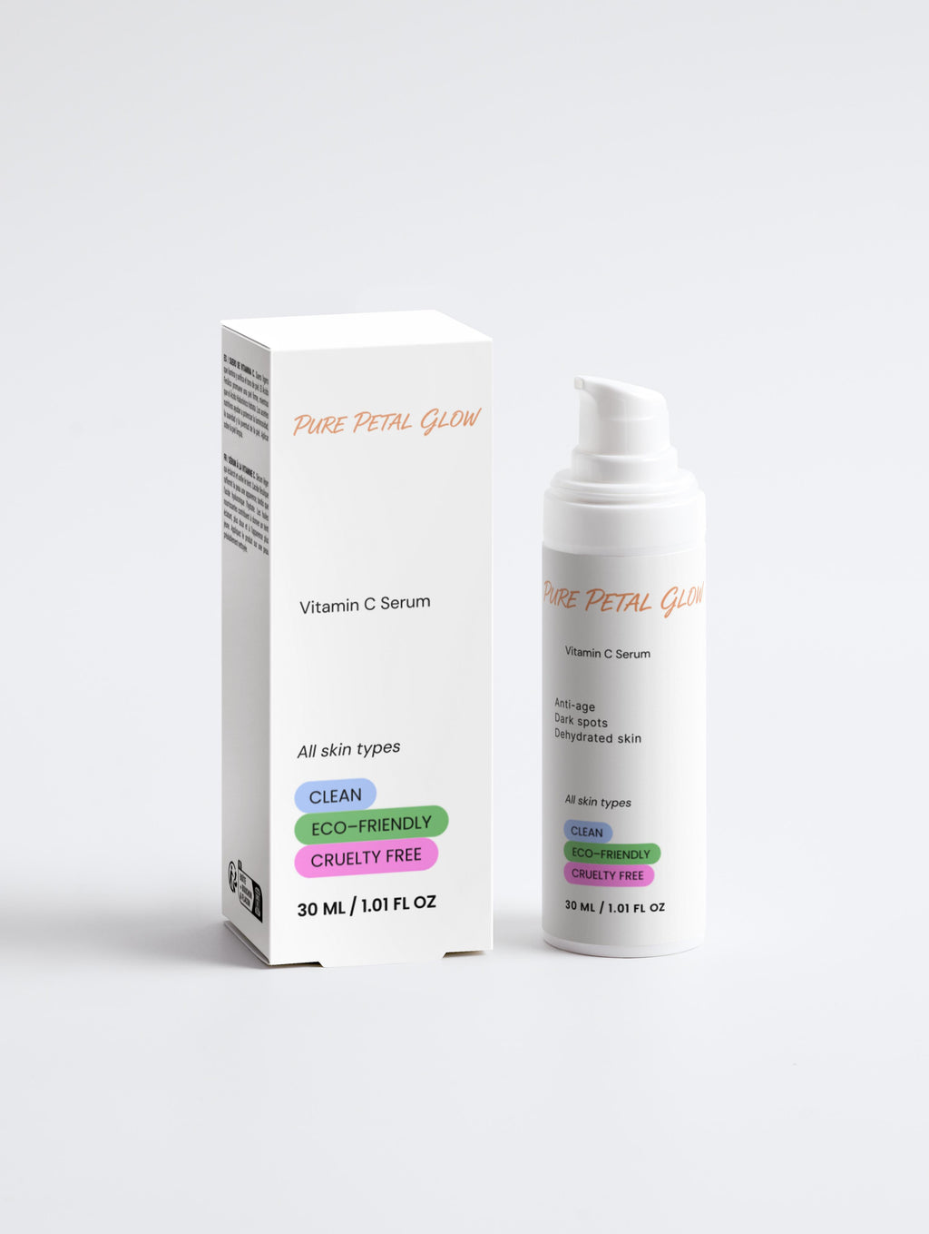 Pure Petal Glow brightening Vitamin C serum bottle with pump.