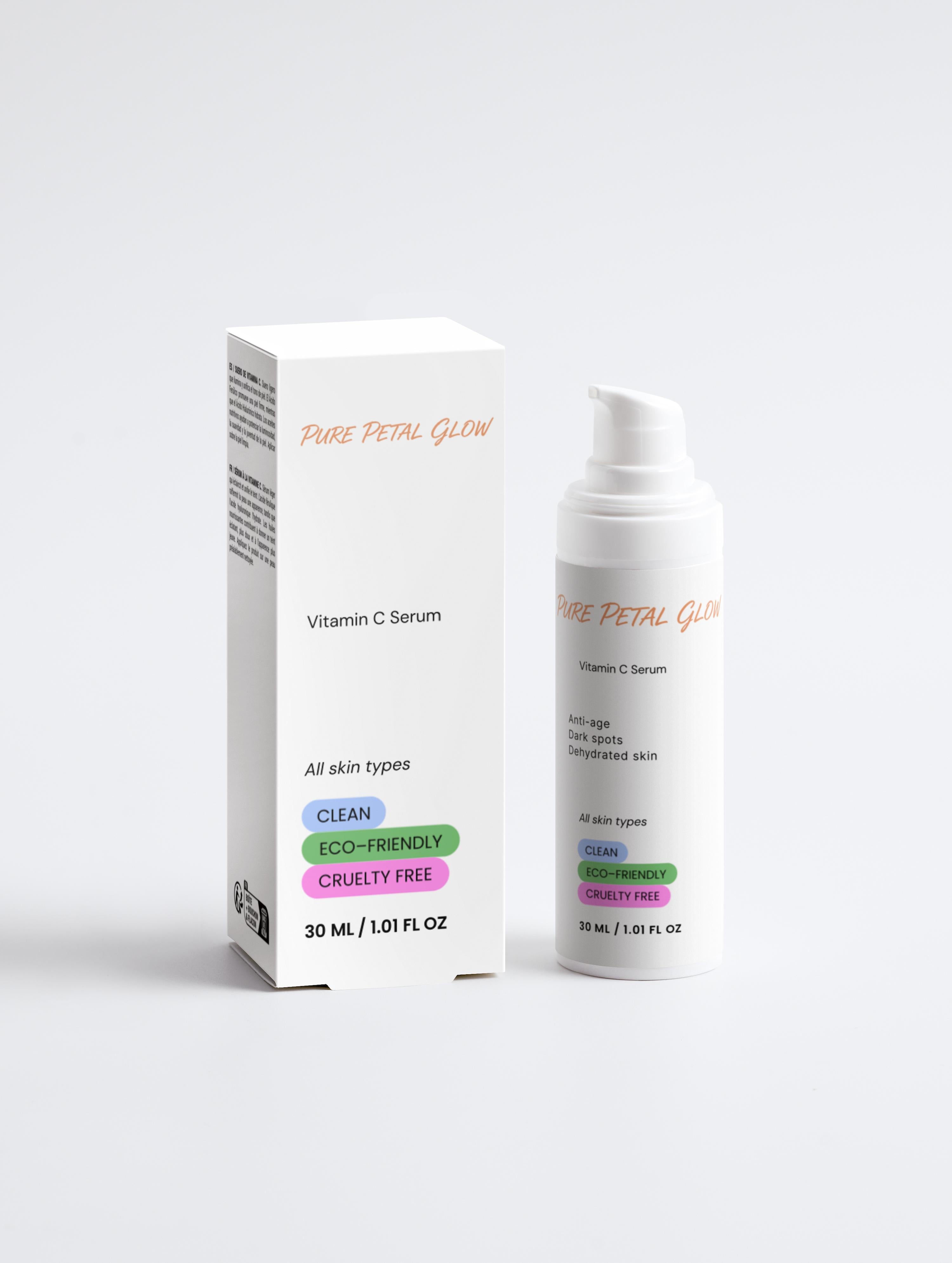 Pure Petal Glow brightening Vitamin C serum bottle with pump.