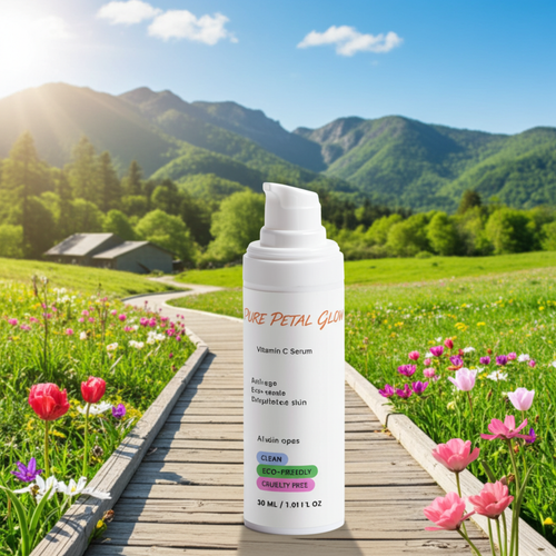 Pure Petal Glow brightening Vitamin C serum bottle with pump.