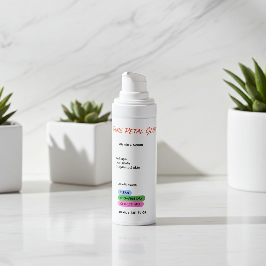 Vitamin C Serum bottle labeled 'Pure Petal Glow' on a white surface with plants in the background
