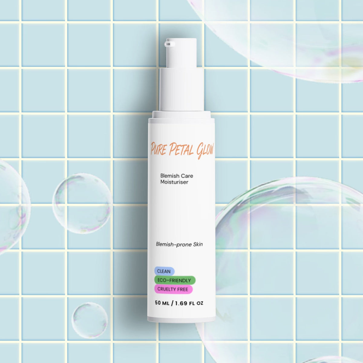 Pure Petal Glow Blemish Care Moisturizer bottle on pale blue tile with translucent bubbles.