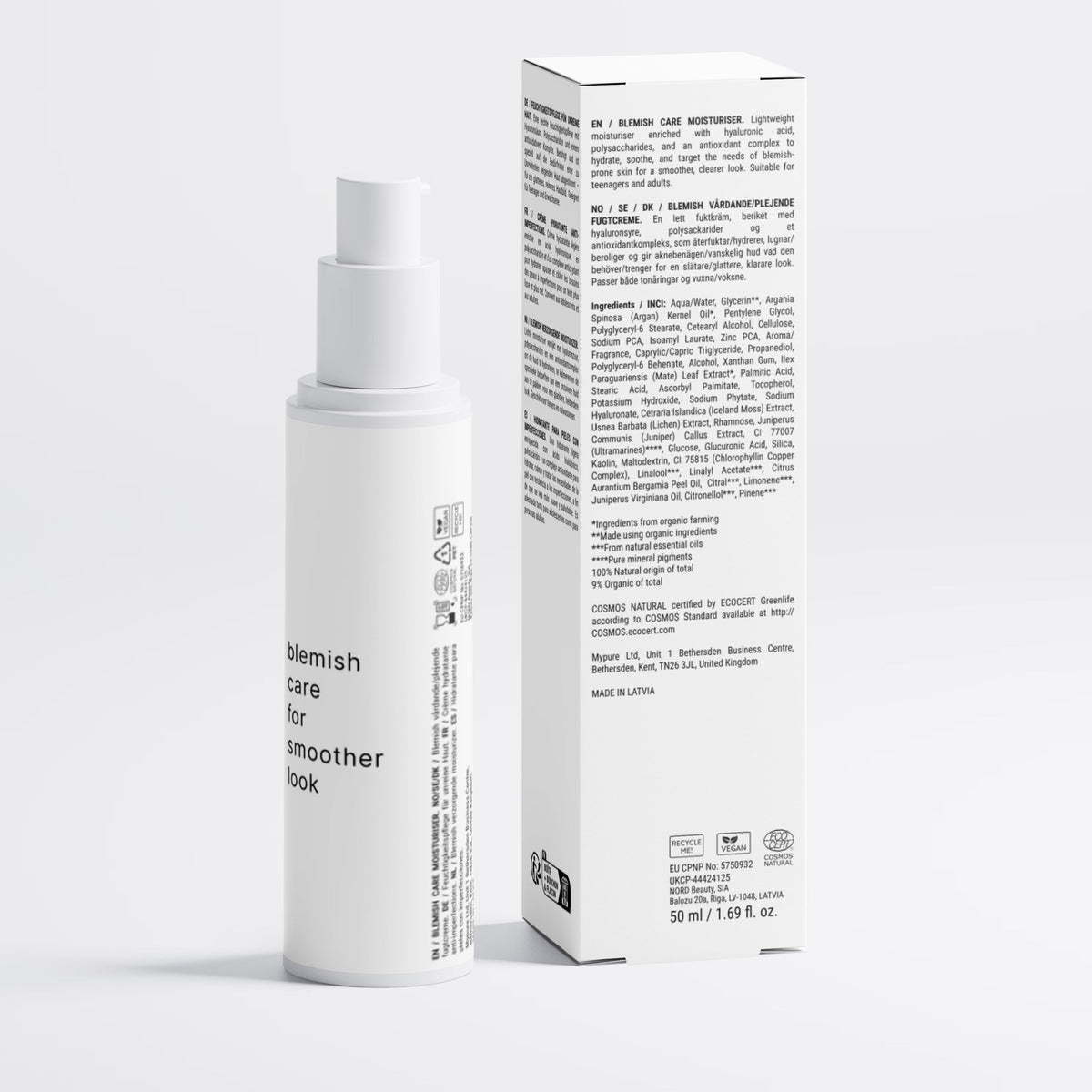Side of the Blemish Care Moisturizer bottle beside the back of its ingredient box.