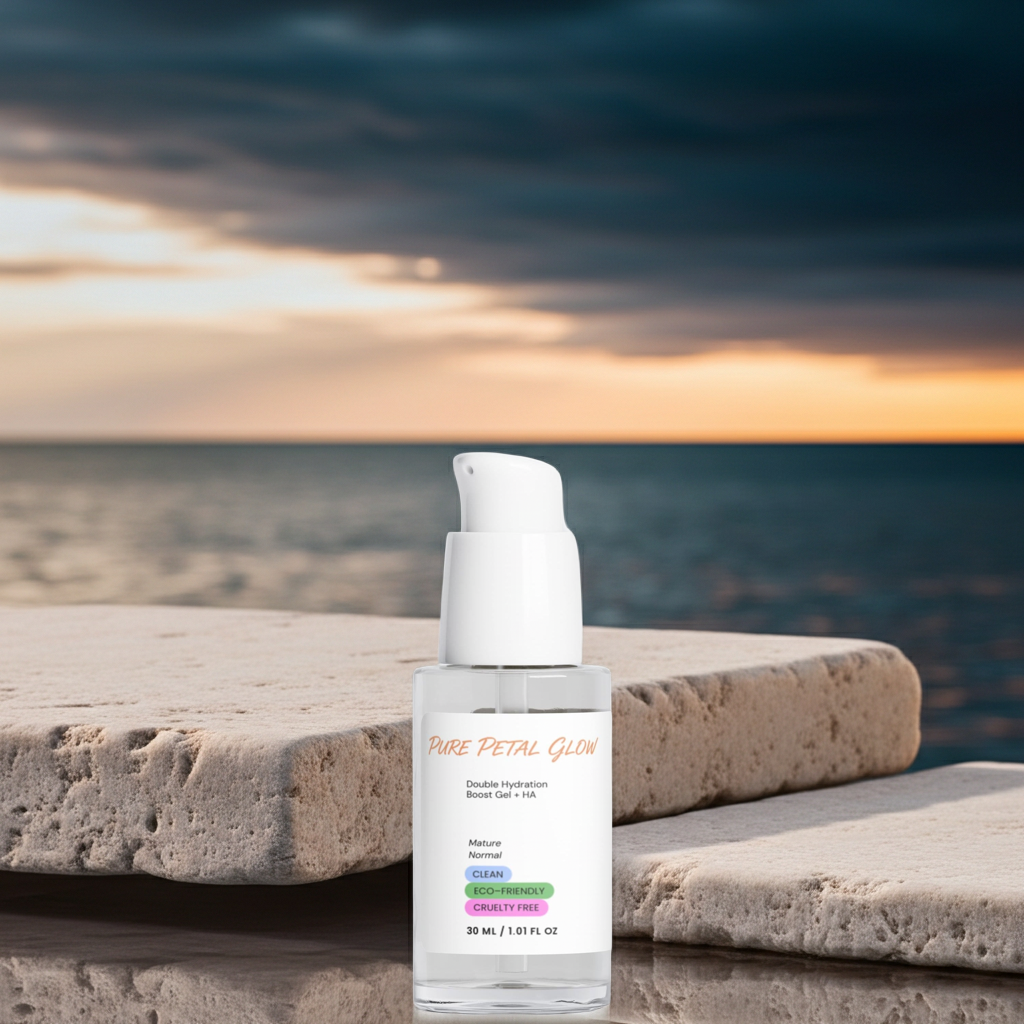 A clear pump bottle of Pure Petal Glow Double Treatment serum with a white cap, set on a stone surface with a blurred ocean sunset background.
