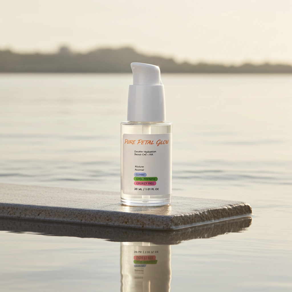 A clear glass bottle of Pure Fetal Glow Double Regulation Face Gel with a white pump dispenser, set on a stone ledge with a calm lake reflection in the background.