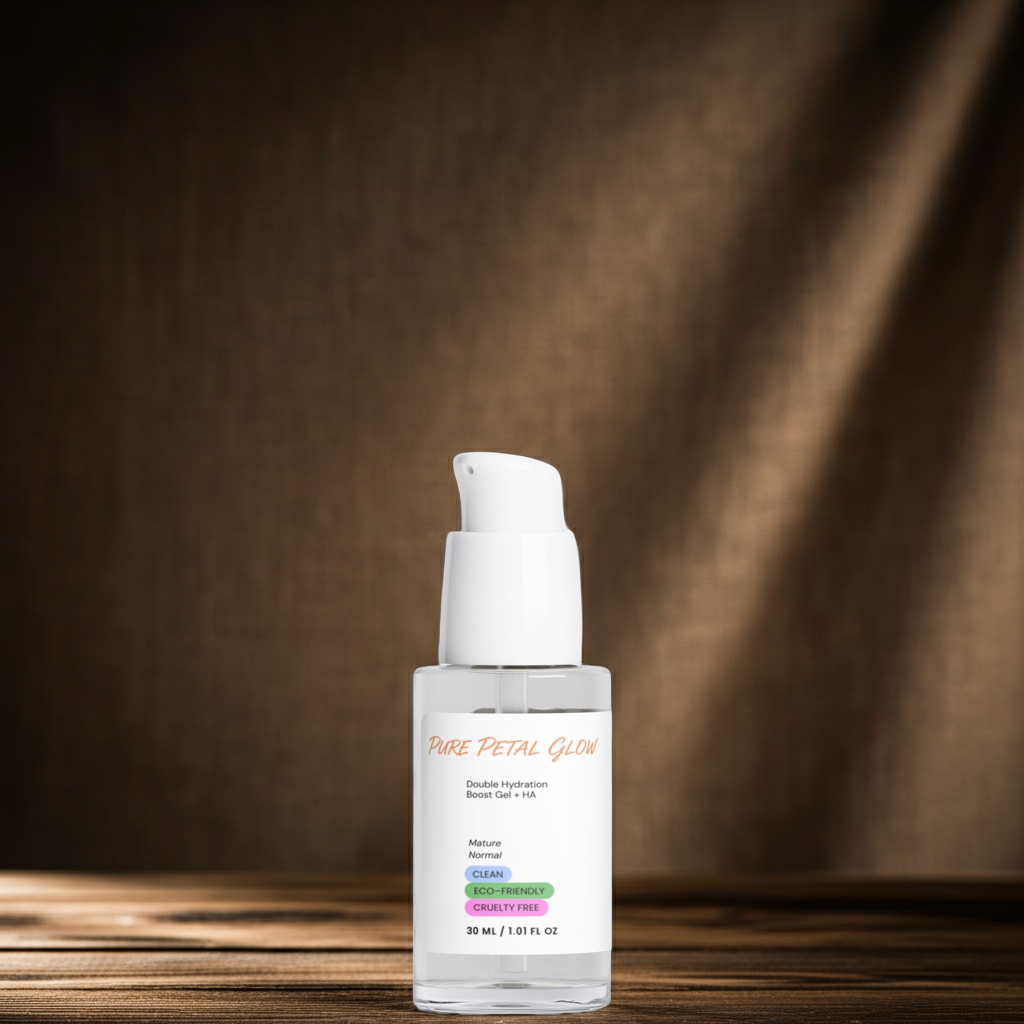 A clear glass skincare pump bottle with a white pump dispenser, labeled 'PURE PETAL GLOW', standing on a wooden surface against a dark brown textured background with dramatic diagonal light rays.
