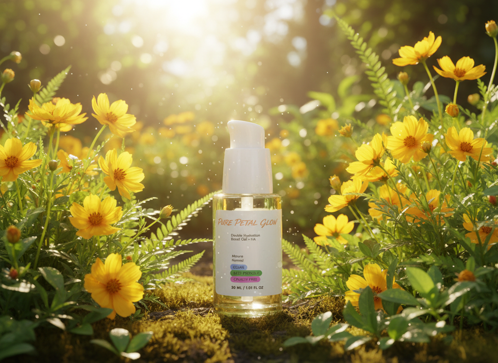 Double Hydration boost Serum + HA bottle with yellow flowers and greenery in the background