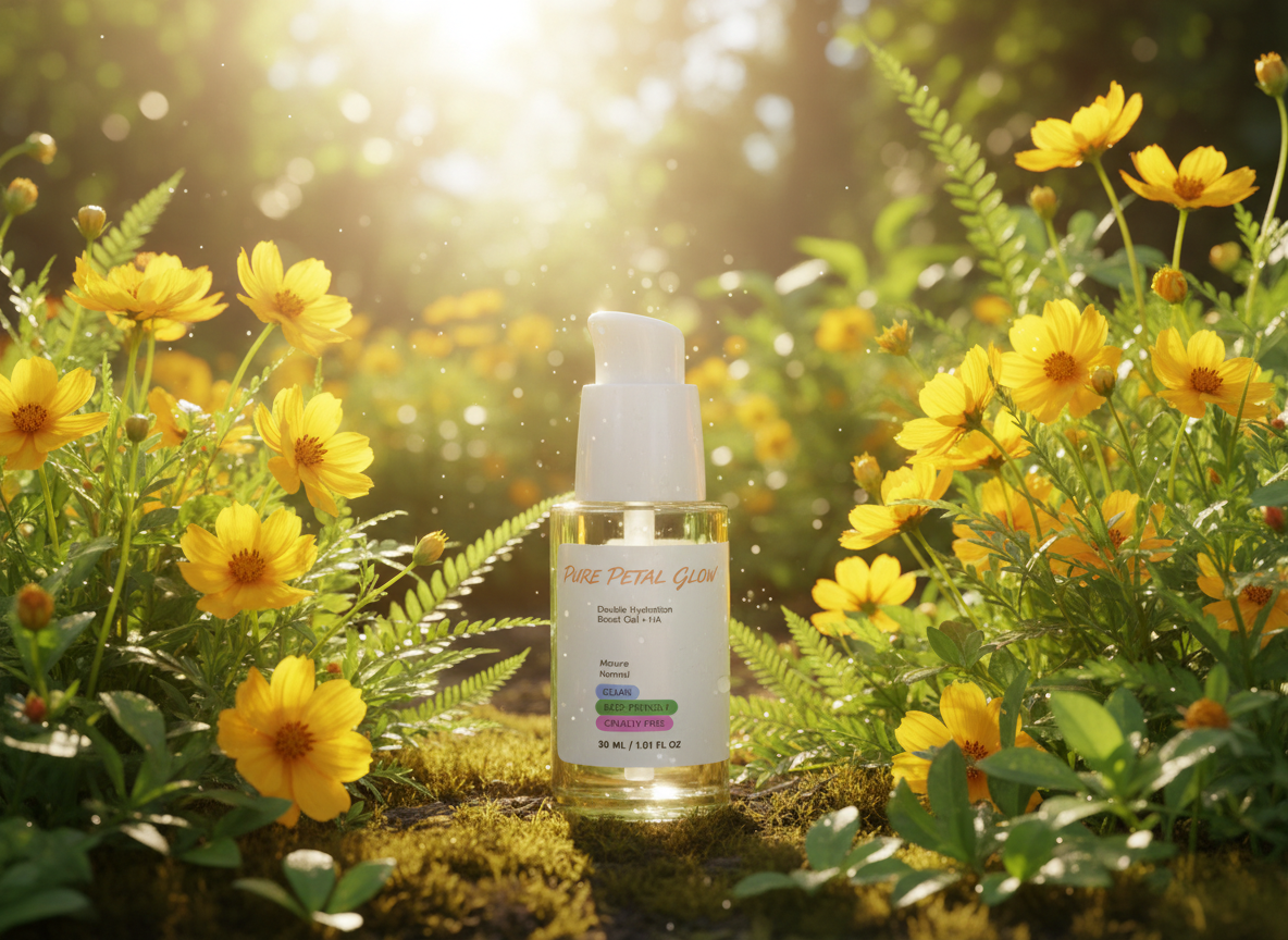 Double Hydration boost Serum + HA bottle with yellow flowers and greenery in the background