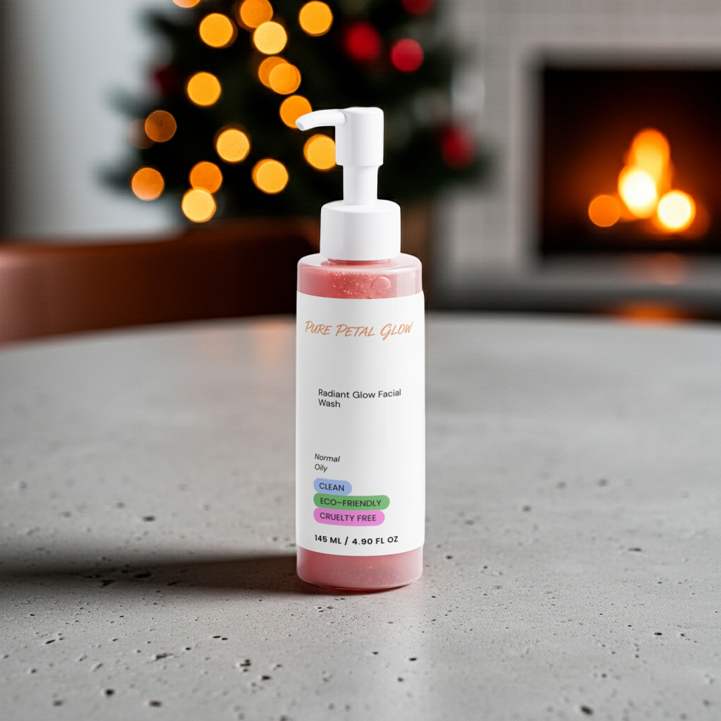 A bottle of Pure Petal Glow Radiant Glow Facial Wash with a white pump dispenser and a pink liquid inside, set on a gray countertop with a blurred Christmas tree and fireplace in the background.