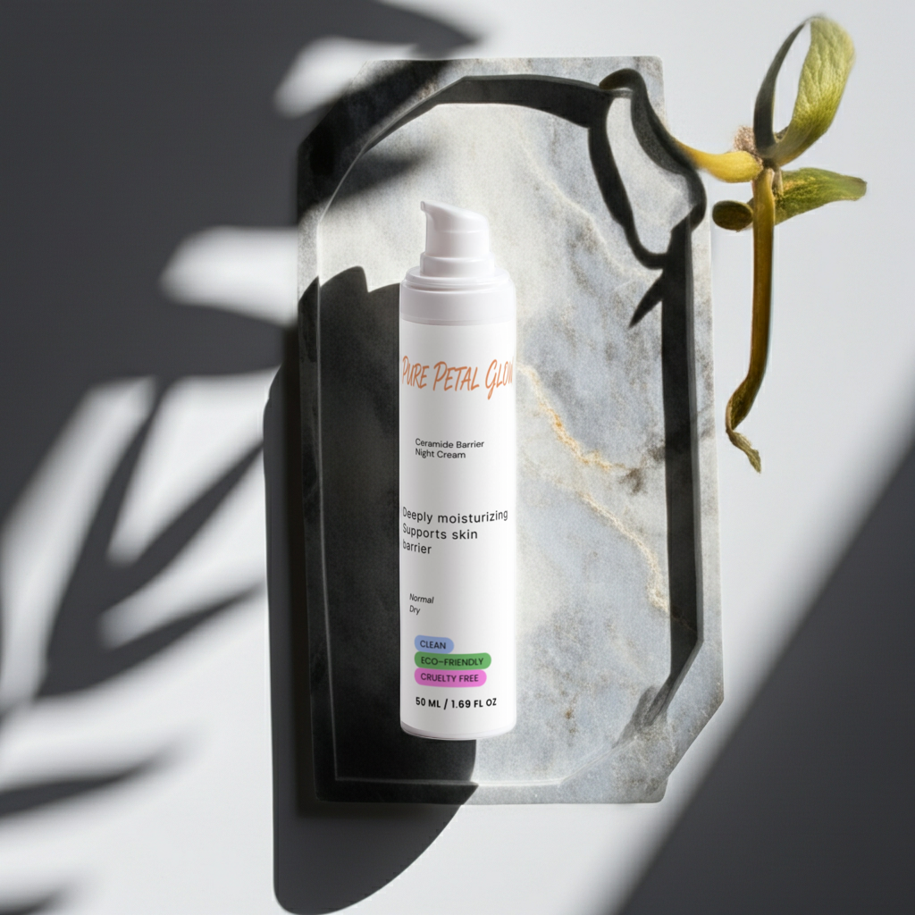Ceramide Barrier Night Cream bottle  on a marble surface with plant elements