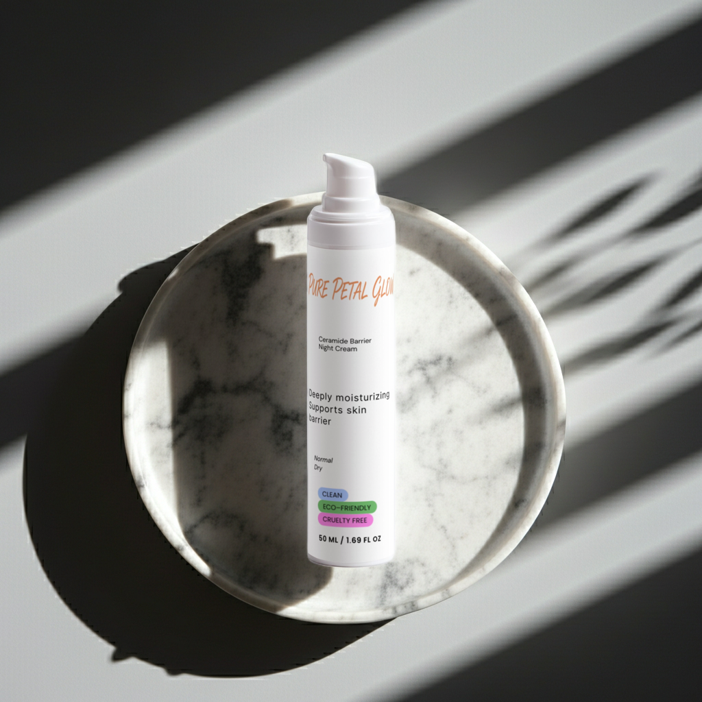 White bottle of Ceramide Barrier Nigh Cream on a marble tray with sunlight casting shadows