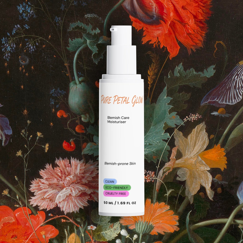 Pure Petal Glow Blemish Care Moisturizer bottle against a dark floral background.