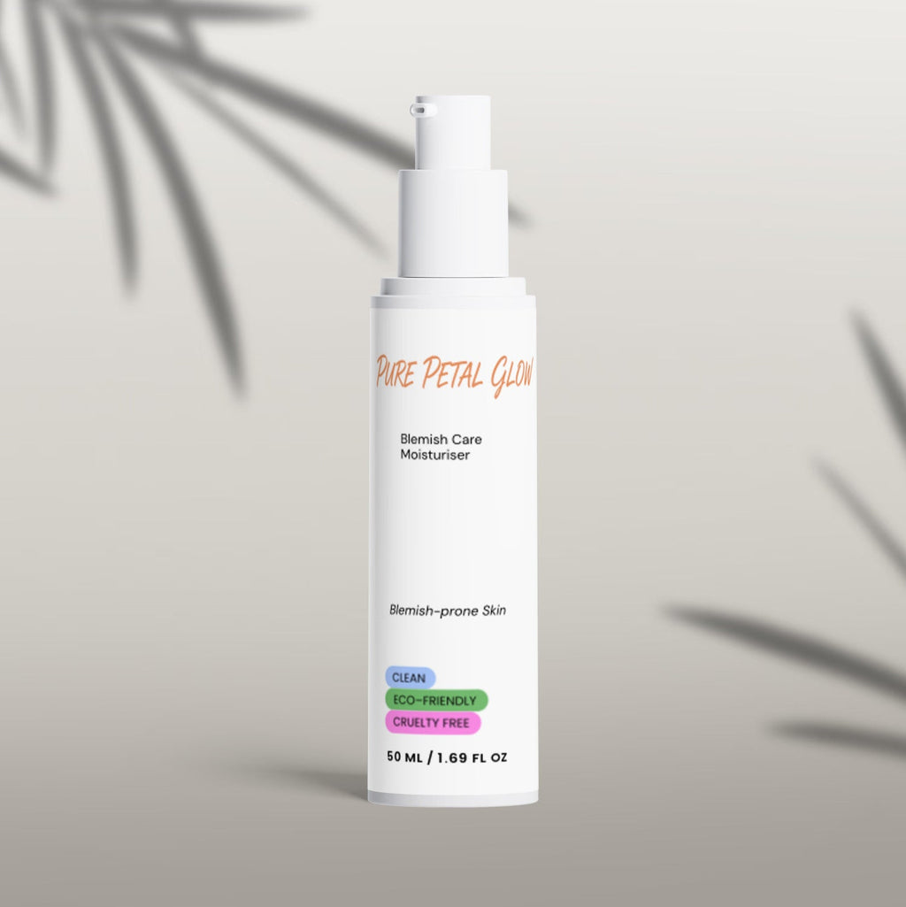 Pure Petal Glow Blemish Care Moisturizer bottle with botanical shadows on a light wall.