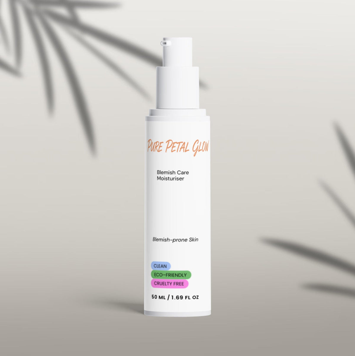Pure Petal Glow Blemish Care Moisturizer bottle with botanical shadows on a light wall.