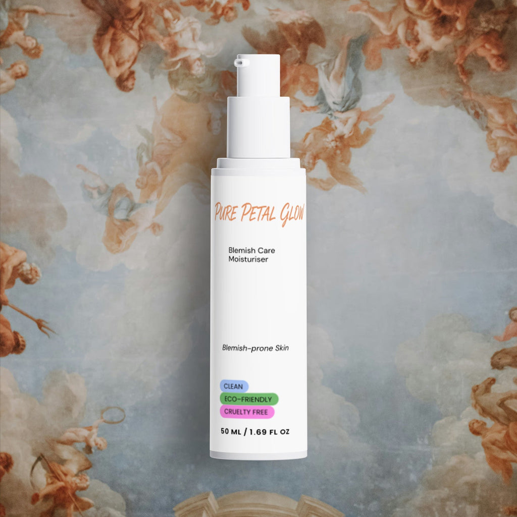 Pure Petal Glow Blemish Care Moisturizer bottle against a pale vintage floral backdrop.