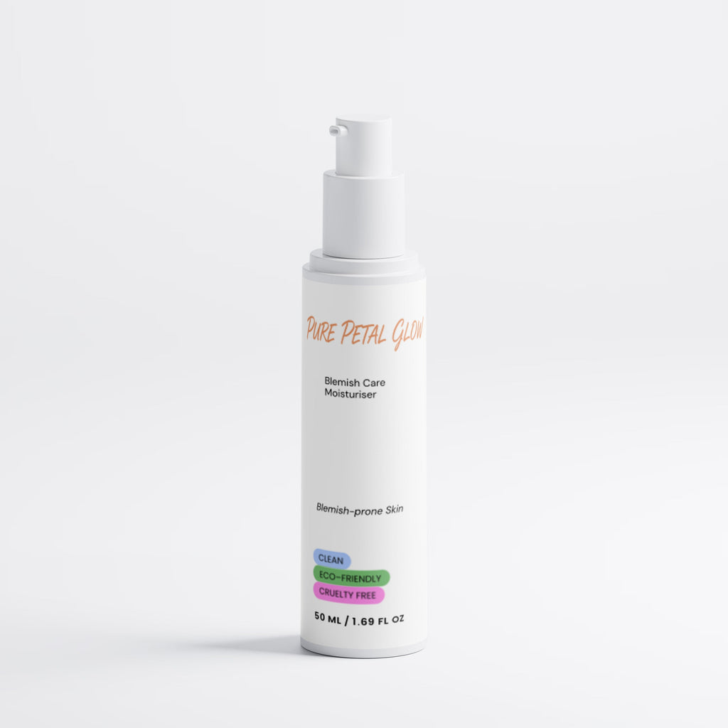 Pure Petal Glow Blemish Care Moisturizer white pump bottle on a white background.