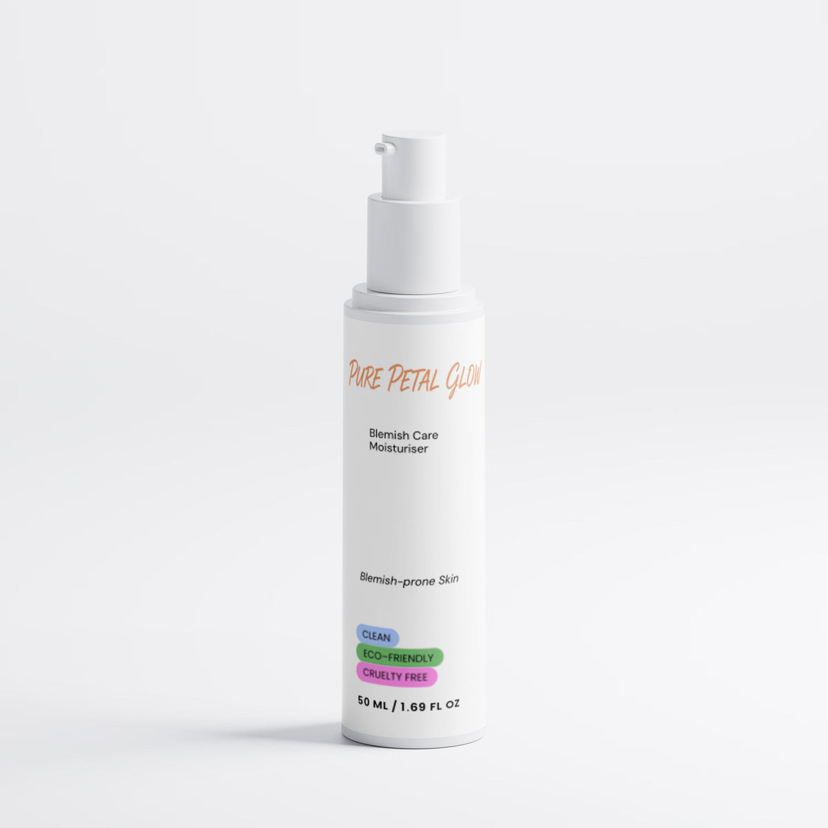 Pure Petal Glow Blemish Care Moisturizer white pump bottle on a white background.