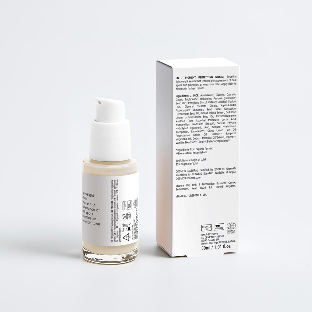 Pigment Perfecting serum bottle by Pure Petal Glow  with packaging on a white background