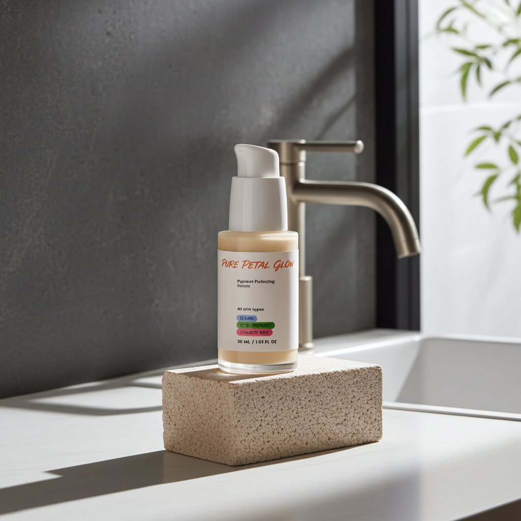 Pigment Perfecting Serum Skincare bottle labeled 'Pure Fetal Glow' on a cork block with a sink and faucet in the background.