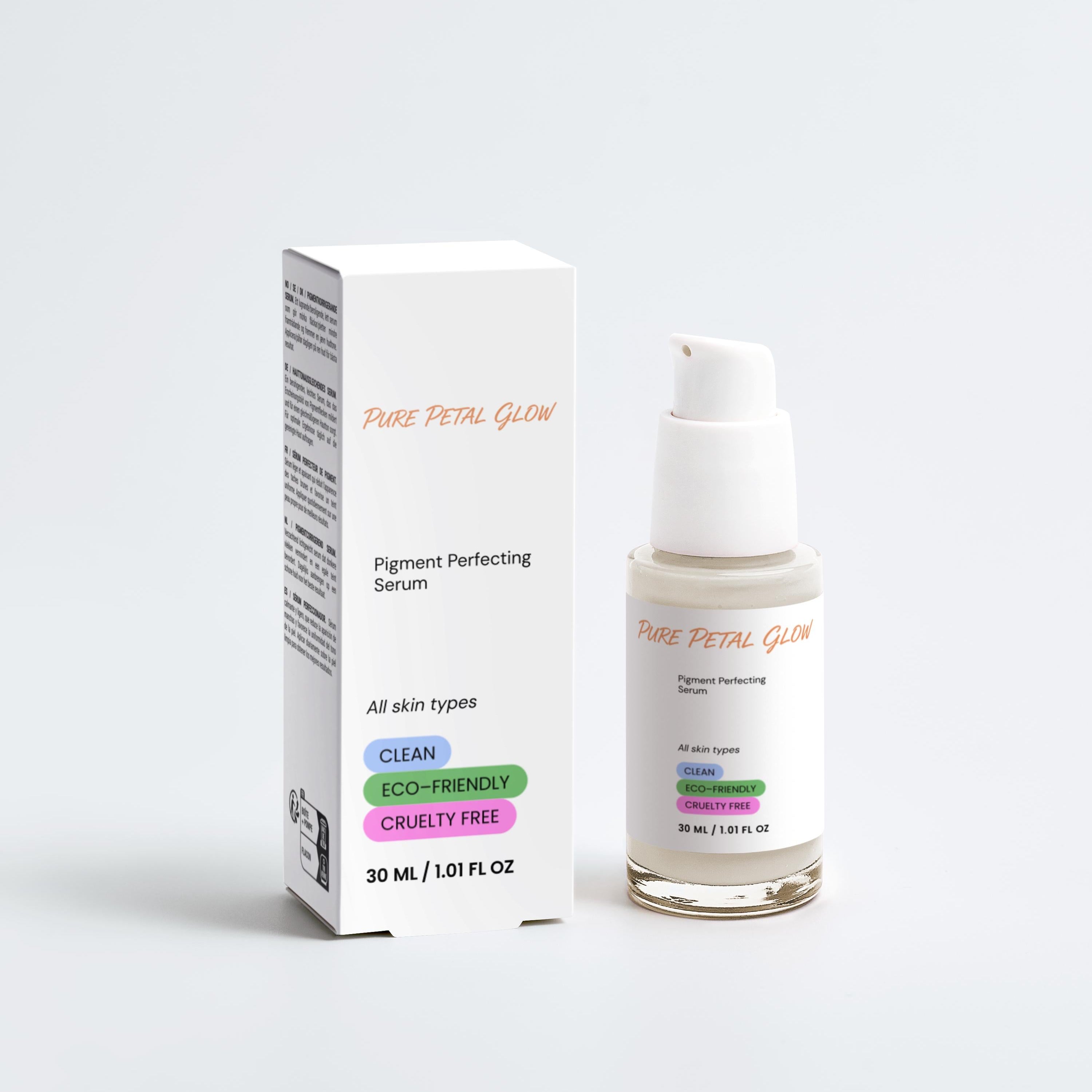 Serum bottle and packaging with 'Pure Petal Glow' branding on a white background