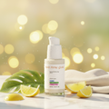 Skincare bottle labeled 'Pure Petal Glow' with lemon slices and green leaves on a blurred background