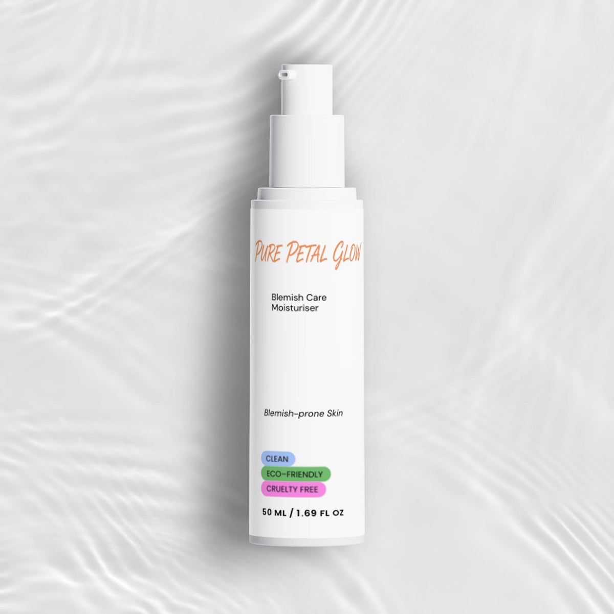 Pure Petal Glow Blemish Care Moisturizer bottle against soft white fabric and rippling light.