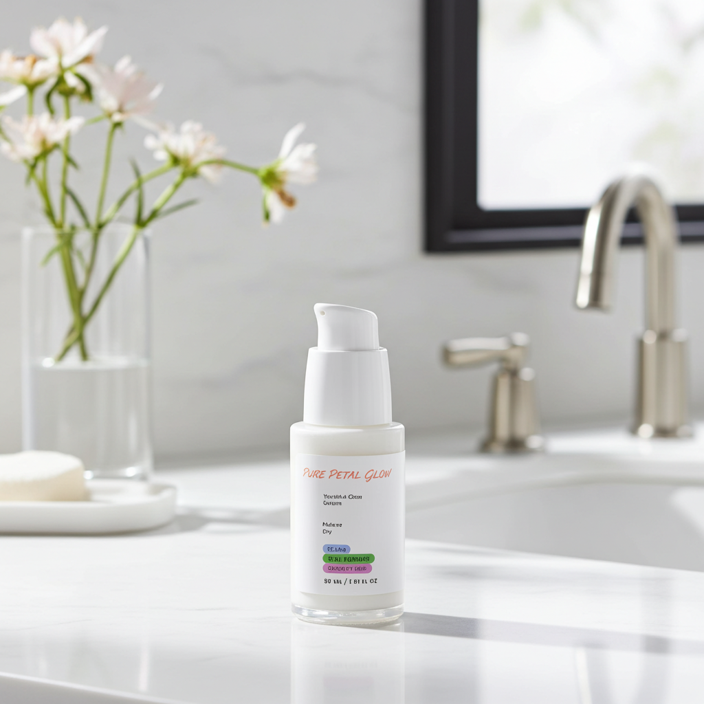 Youthful Gow Serum bottle labeled 'Pure Petal Glow' on a bathroom counter with flowers and sink in the background.