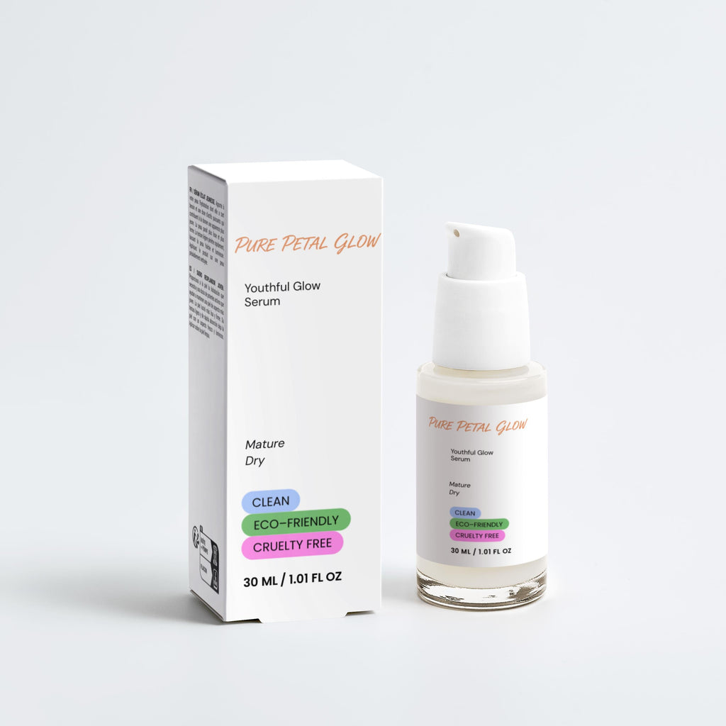  White bottle and box of Pure Petal Glow Youthful Glow Serum on a white background