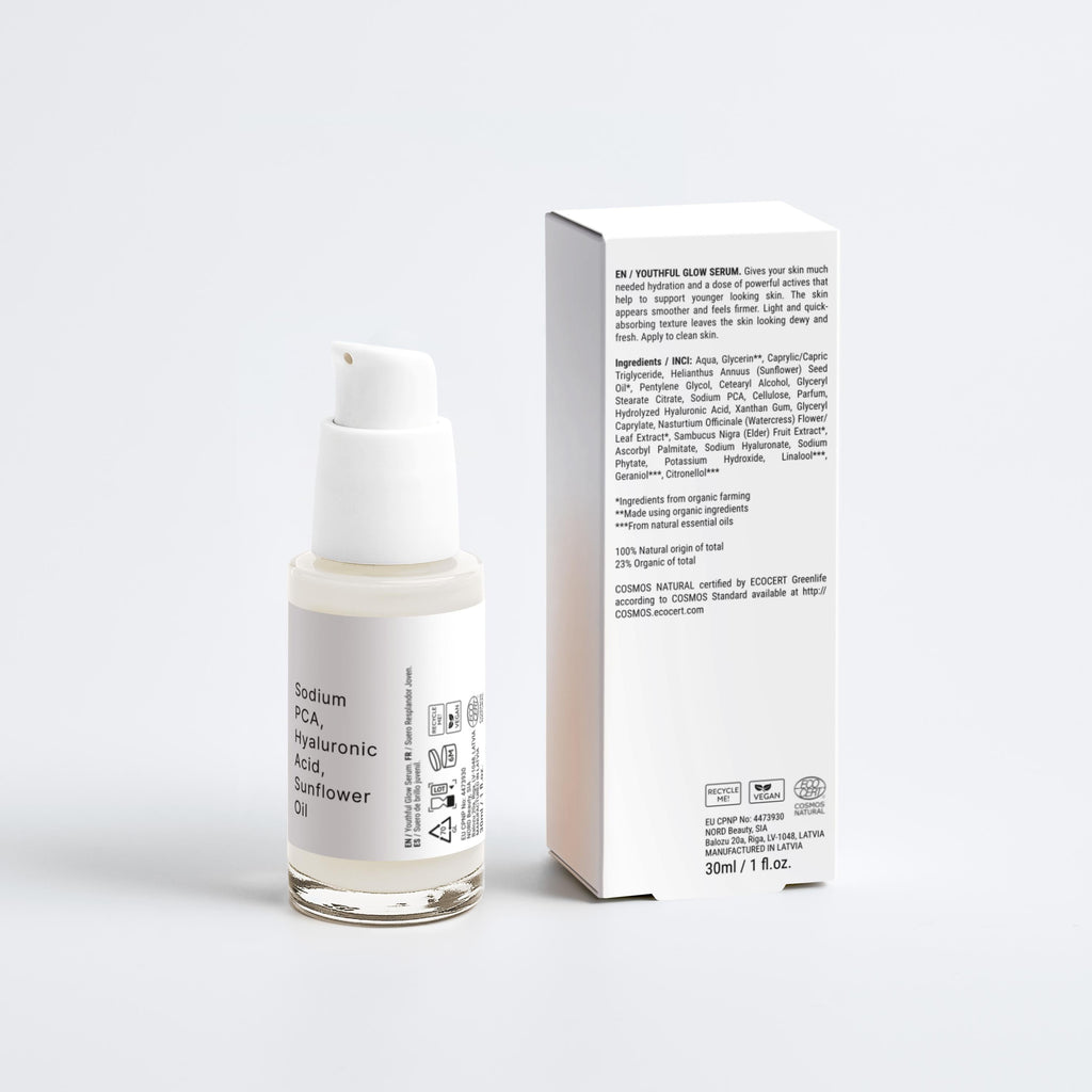 Skincare Youthful  Glow Serum bottle with packaging on a white background